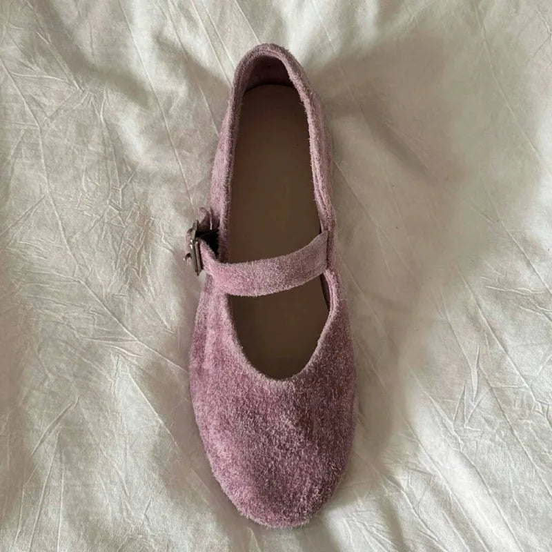 Leather Mary Janes Flats Shoes Cow Suede Buckle Strap Ballet Flats Shoes Shallow Soft Casual Loafers