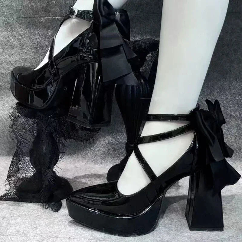 Bow High Heels Mary Jane Shoes Pointed Toe Shoes Platform Sandals Lolita Party Pumps Chunky Zapatos Woman