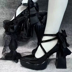 Bow High Heels Mary Jane Shoes Pointed Toe Shoes Platform Sandals Lolita Party Pumps Chunky Zapatos Woman