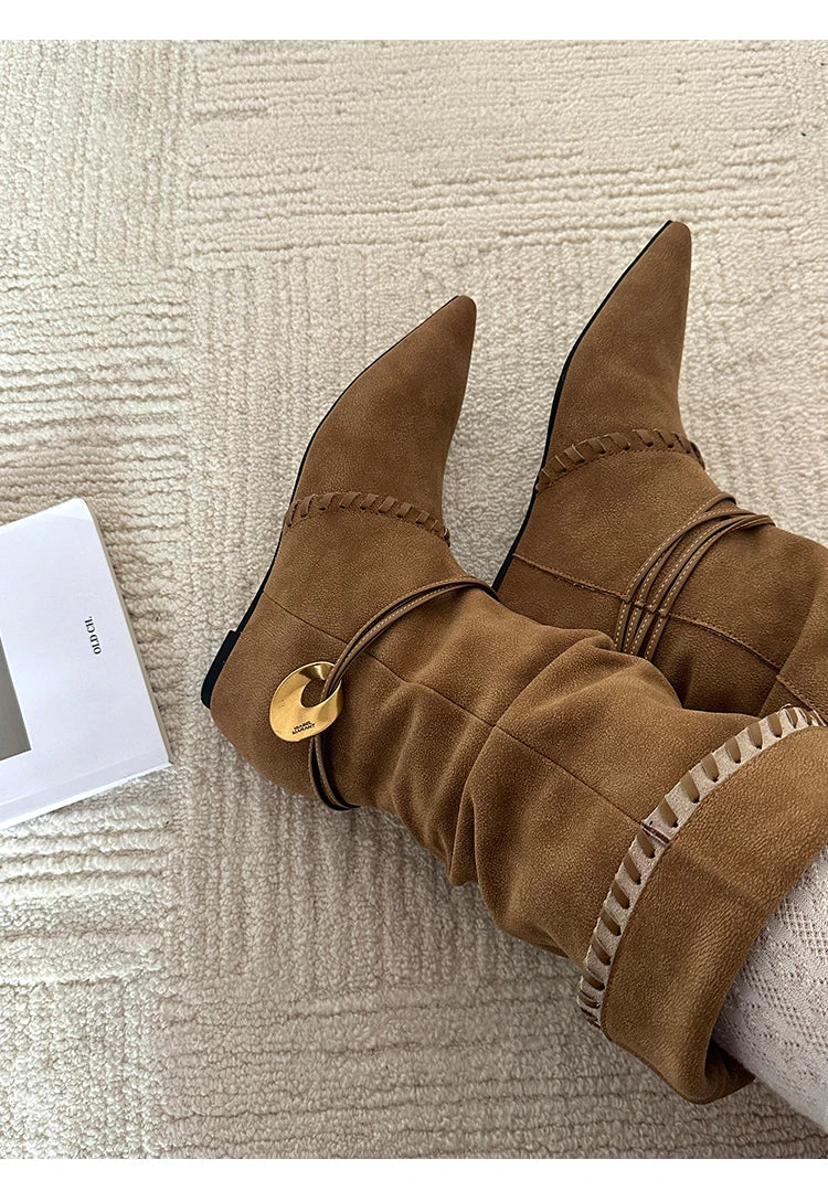 Mid Calf Boots Pointed Toe Flats Shoes Chelsea Boots Casual Walking Suede Zapatos Goth Mujer Botas