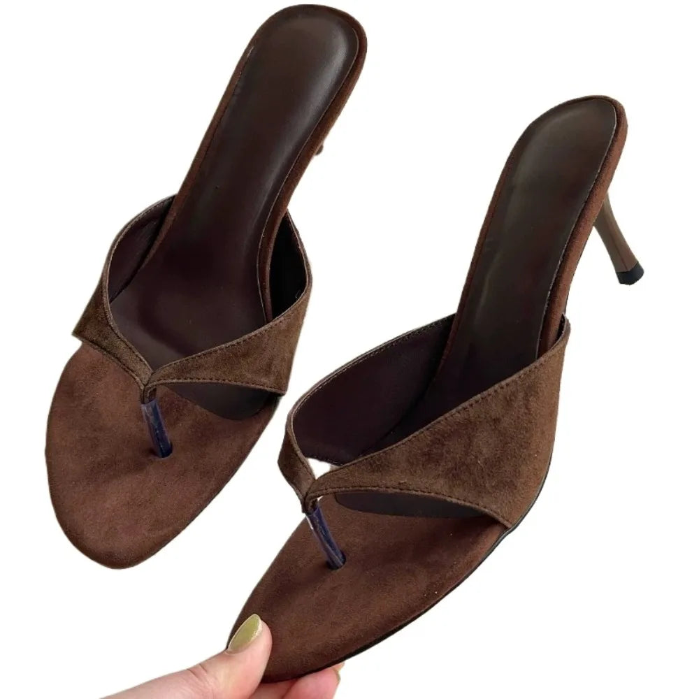 Round Toe Thin Heel Slippers Flip Flops Sandals Shoes Shallow Medium Heels Slippers Slides Pumps