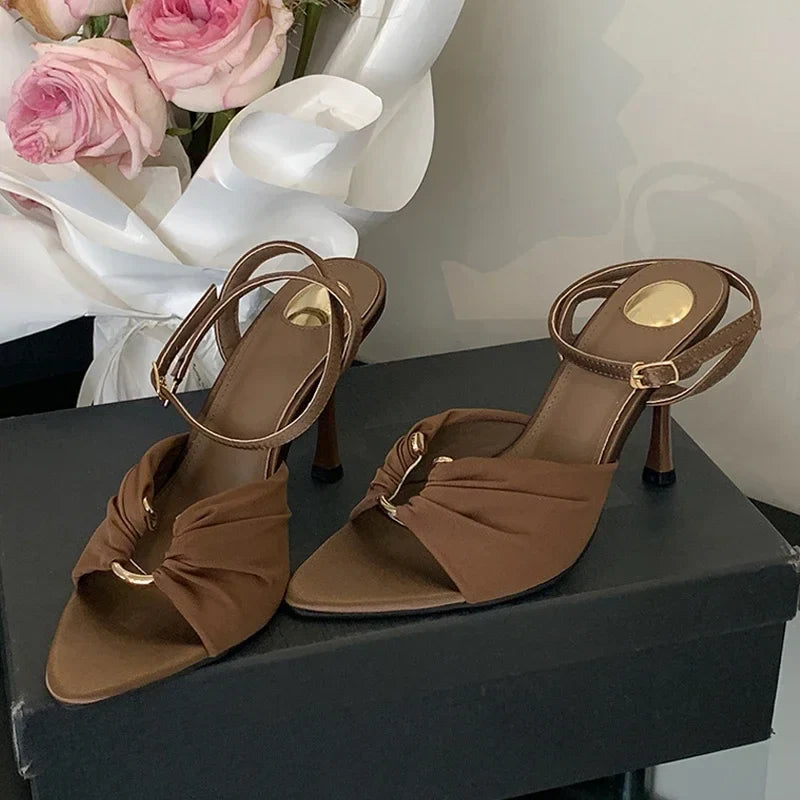 Comfort Hollow Out Metal Buckle Decoration Elegant Satin Ankle Strap Heels Pointed Toe Party Shoes