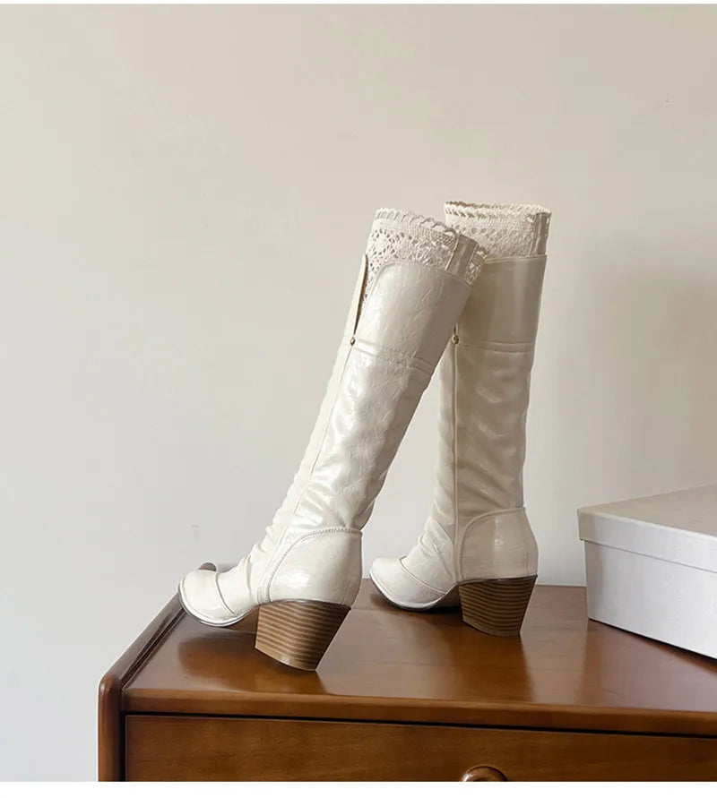 Pleated Design Knee-High Boots Vintage Faux Suede Lace High heels Western Cowboy Long Booties Shoes