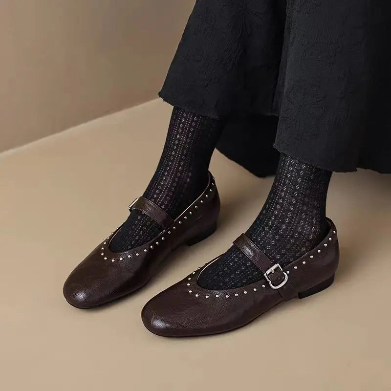 French Retro Mary Jane Ballet Shoes Flat Flat Casual Round Toe Riveted Shallow Mouth Single Shoes