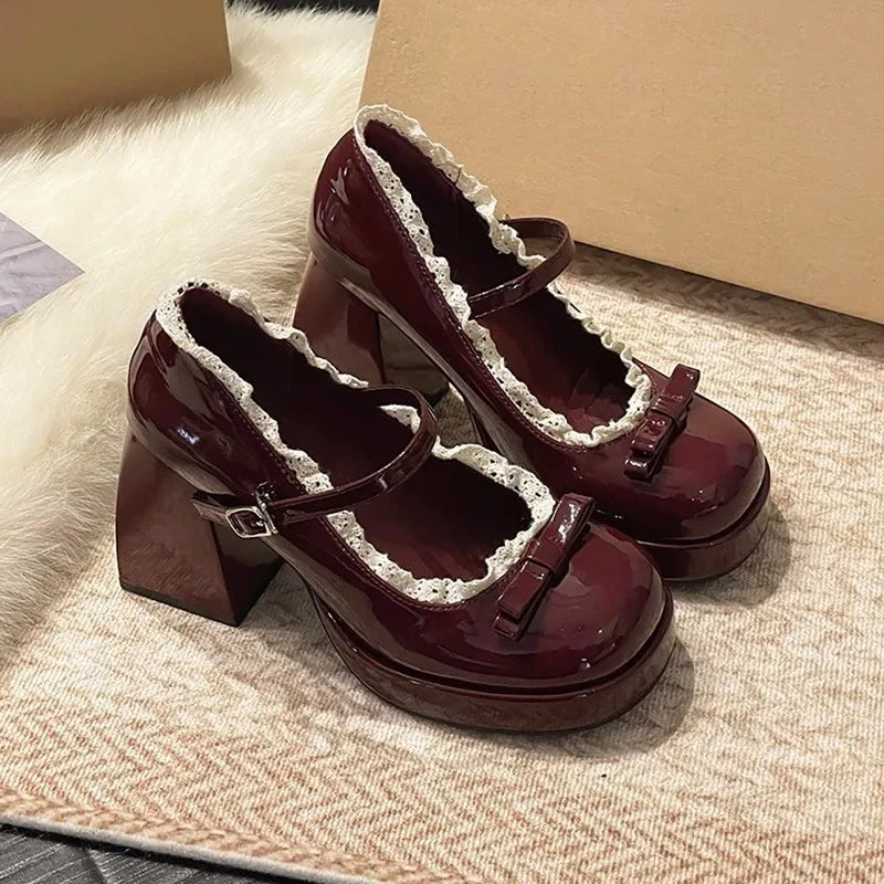 Platform High Heel Mary Jane Shoes Butterfly-knot Lace Shoes 2026 Wedding Party Shoes