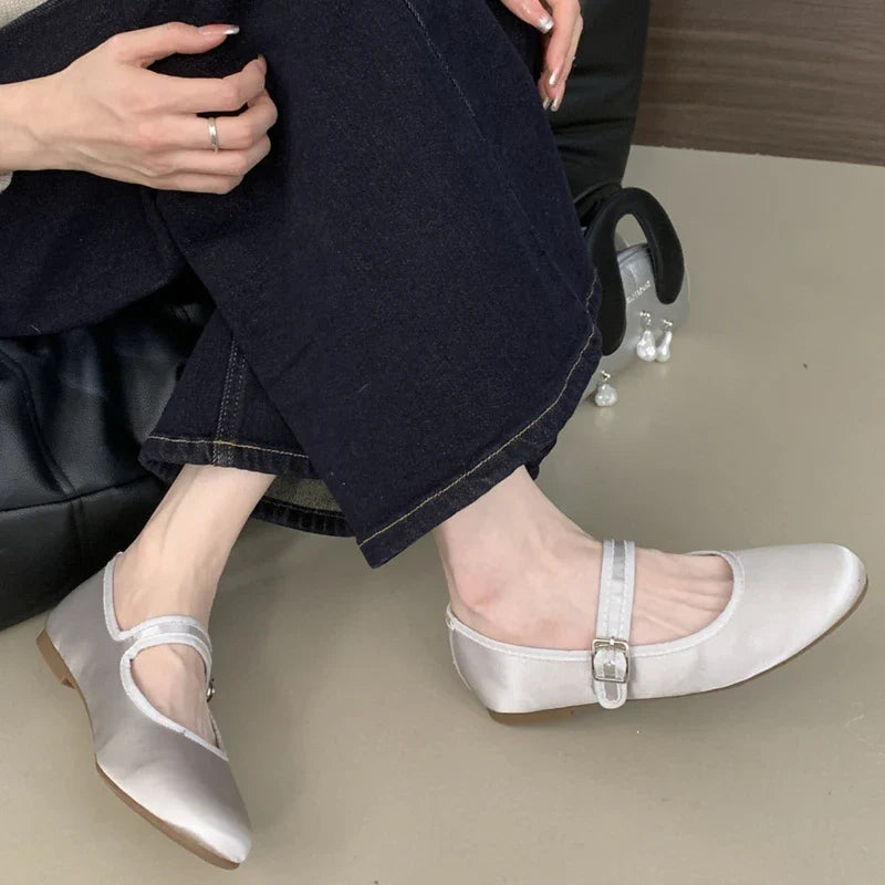 Comfort Satin Soft Sole Mary Jane Shoes Round Toe Shallow Flats Elegant Buckle Prom Ballet Shoes