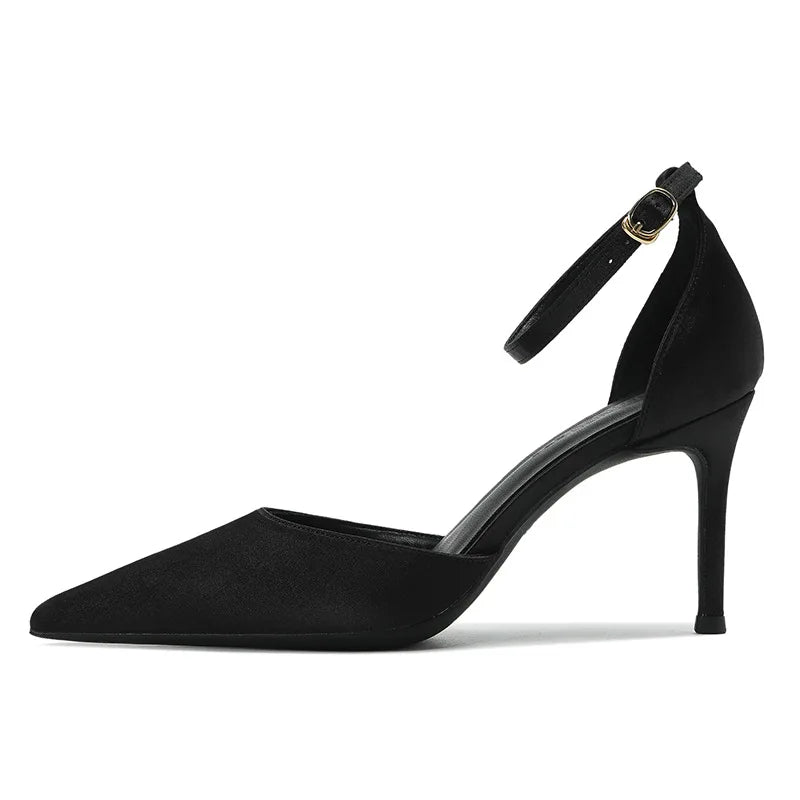 Satin Pointed Toe High-heeled Shoes All-match Stiletto Microfiber Exquisite One-line Sandals