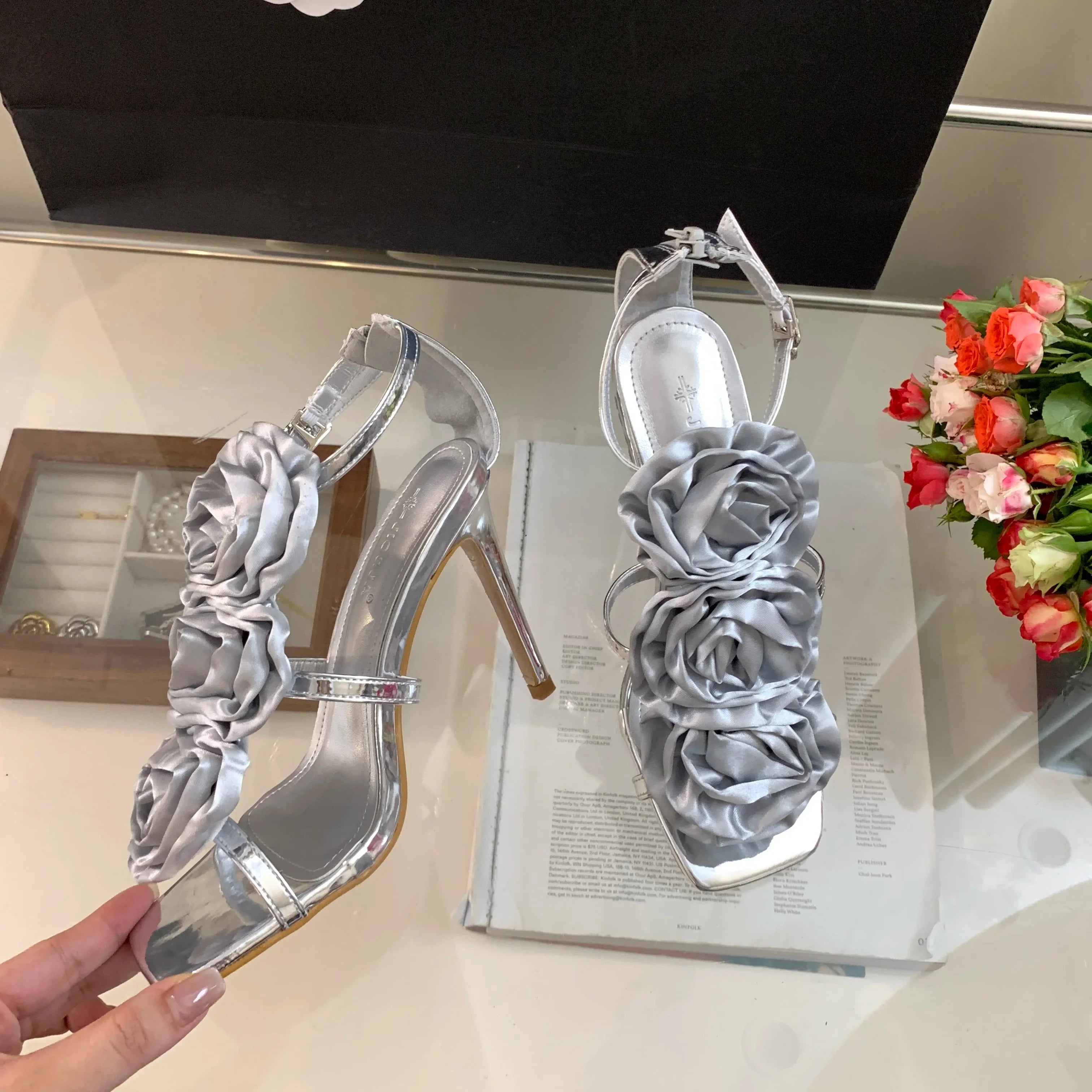 Flower Heeled Sandal Silk Rose Flower Open-toe Stiletto Shoes Roman Sandals 35-40 Sizes High Heels