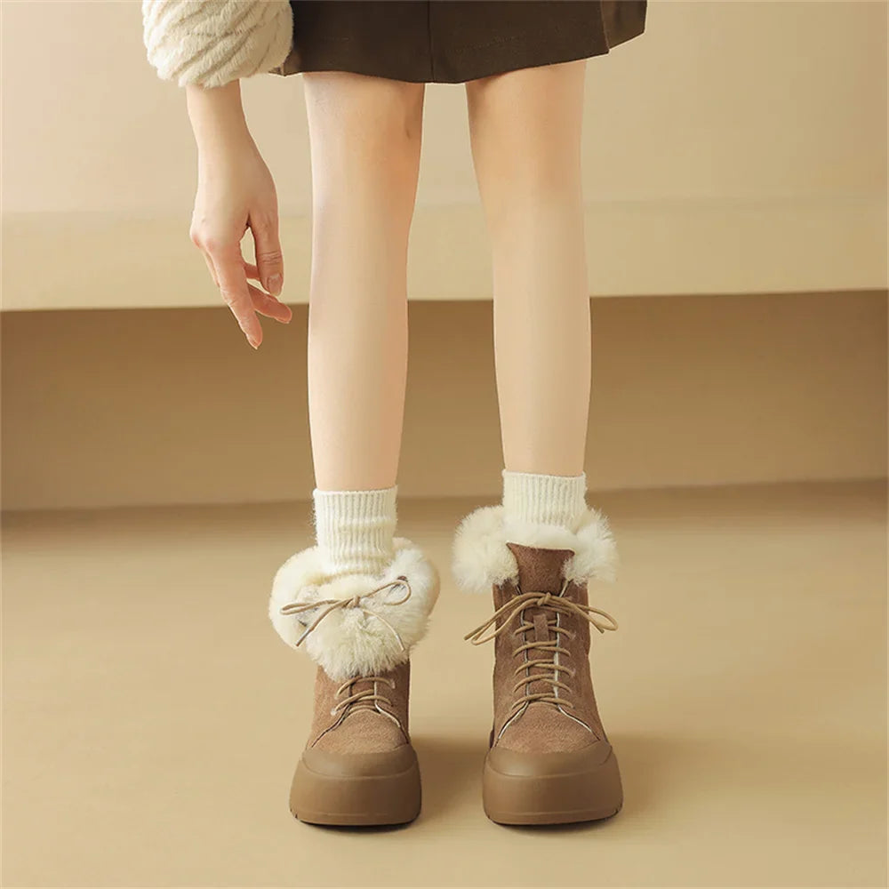 Wool Snow Boots Flats With Platforms Cross-tied Ankle Boots Round Toe Fur Short Warm Boots Shoes