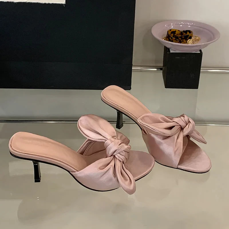 Round Toe High Heels Pumps Slides Shoes Butterfly-Knot Heeled Sandals Shoes