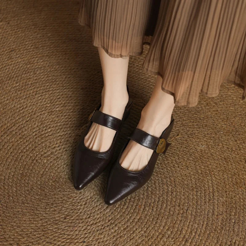 French thick-heeled magic sticker shallow shoes pointed and versatile non-slip small leather shoes