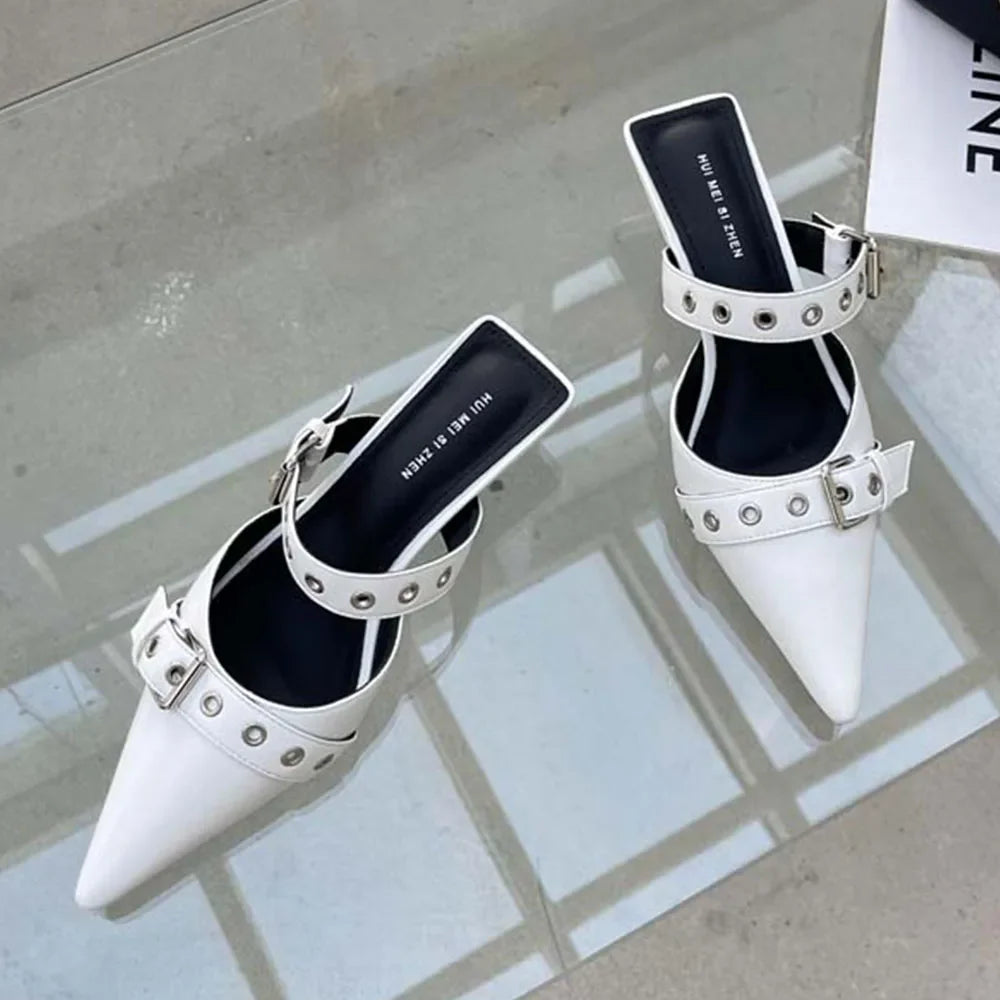 Pumps Belt Buckle Pointed Toe Black High Heel Mule Slides Half Slipper