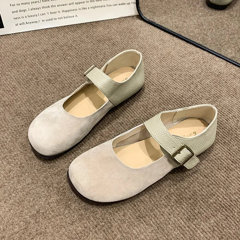 Leather Buckle Low Heel Mary Jane Shoes Soft Sole Casual Flat Shoes