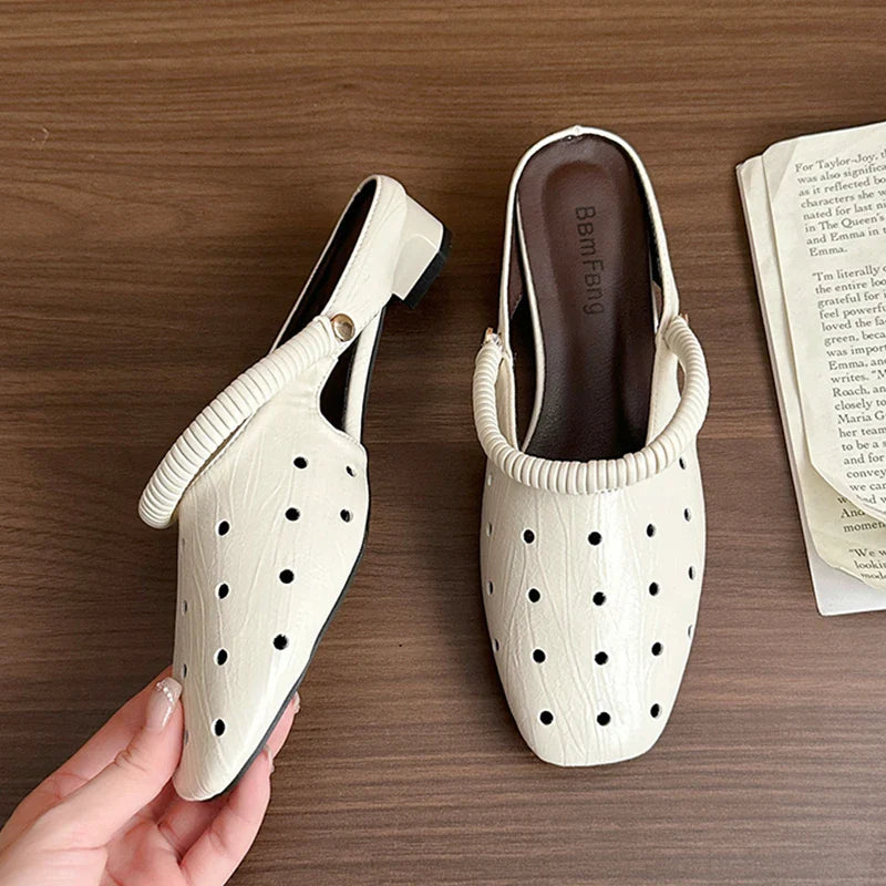 Hollow Sandals Heels Slippers Beach Mules Shoes Trend Chunky Leather Shoes Casual Flip Flops Mujer Slides
