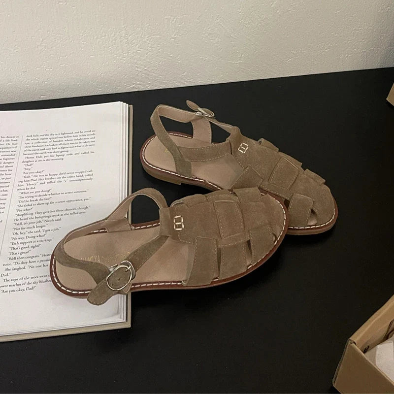 Roman Sandals Flat Retro Real Leather Sandals Hollowed Cage Shoes