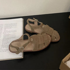 Roman Sandals Flat Retro Real Leather Sandals Hollowed Cage Shoes