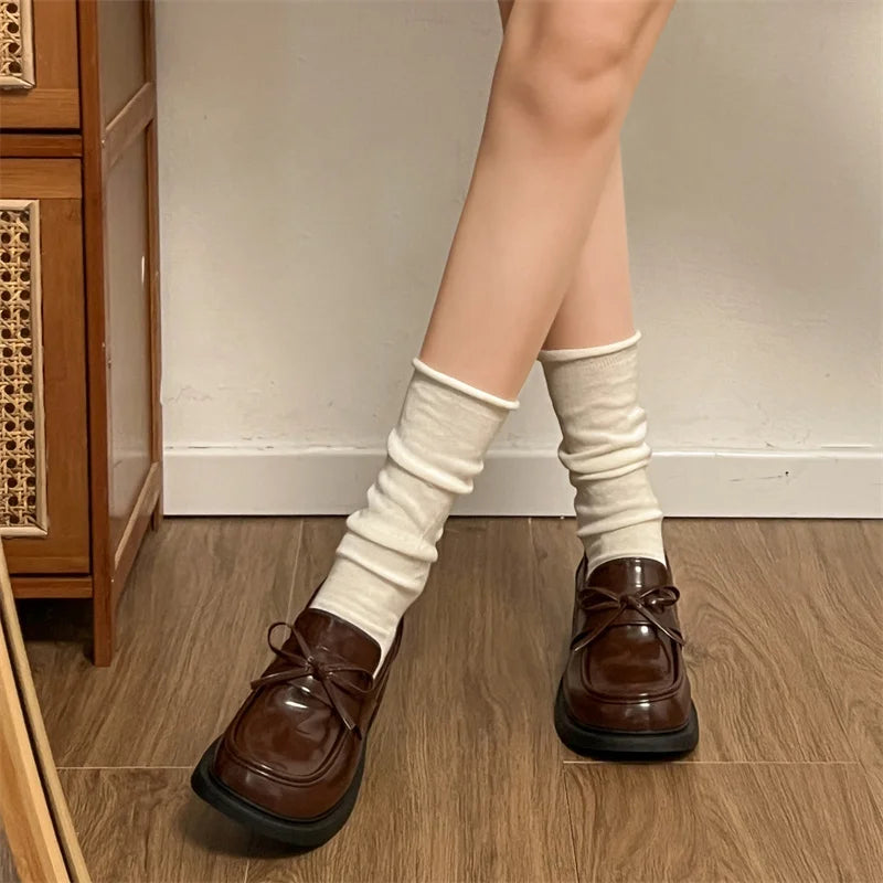 College Style Platform Loafers Shoes Shallow Slip On Shoes Elegant Thick Heel Leather Shoes