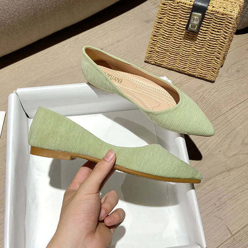 Striped Fabric Ballerinas Woman Soft Bottomed Flats Big Size 42/43 Shoes Pointed Toe Dress Loafers Green Ballets