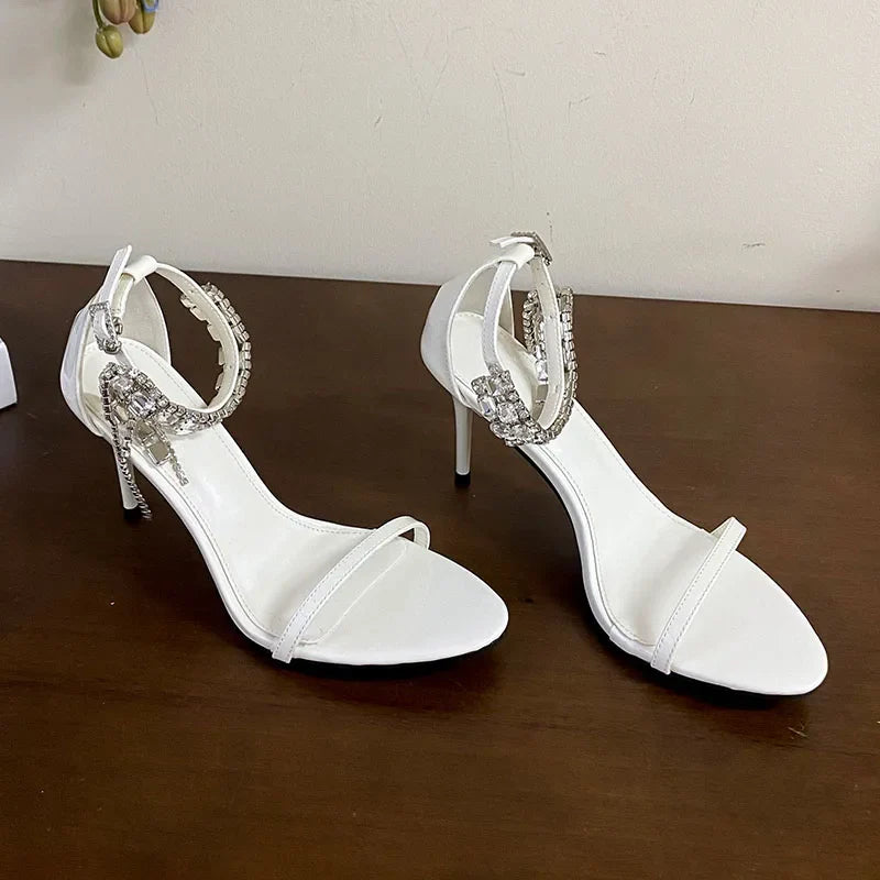 Rhinestones Heels Sandals Shoes Round Toe Ankle Strap Footwear Party High Heels