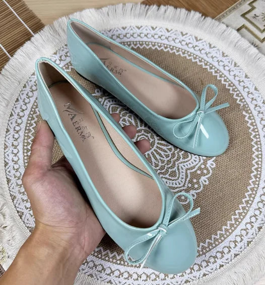 Round Toe Ballet Flats Spongy Bottom Hot Italian Shoes Patent Leather Classic Bow-Knot Dressing Slip-On 34 48 47