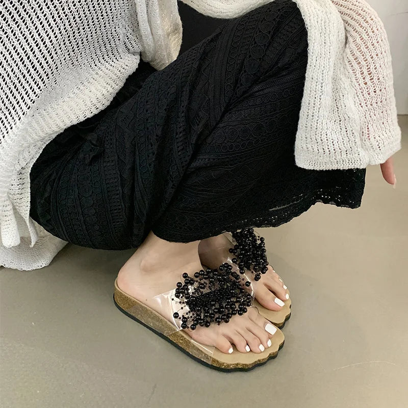 Green Pearl Slides Transparent Slippers Cozy Wide Open Toe Low Heels Beach Shoes Gladiator Sandals