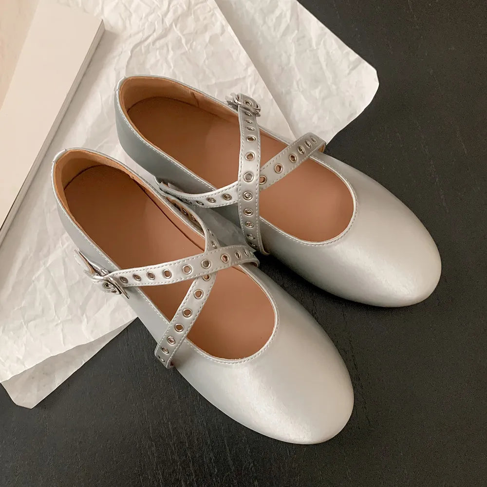 Flats Genuine Leather Ballet Flats Round Toe Buckle Strap Casual Comfortable Shoes Woman Concise