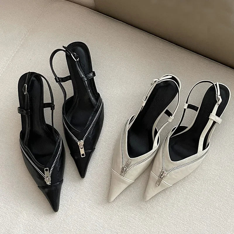Pointed Toe Mules Pump Zip Design Slingbacks High Heels Footwear Elegant Brand Shoes