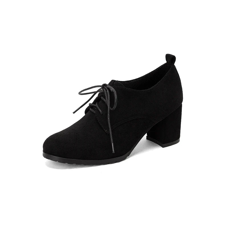 Retro Pumps Classics Flock Lace Up Office Round Toe Block High Heel Shoes Size 33-43 Black Brown