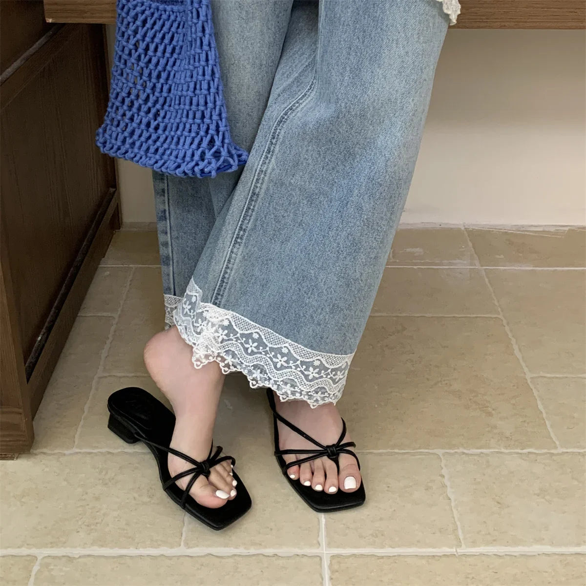 Rubber Flip Flops Leopard Shoes Clogs Woman Cross-Tied Slippers Square Toe Slides Hawaiian Beach Soft Block l