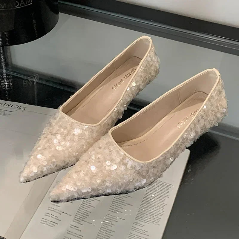 Bling Pumps Footwear Pointed Toe Shallow Low Heel Comfort Elegant High Heels Zapatos De Mujer