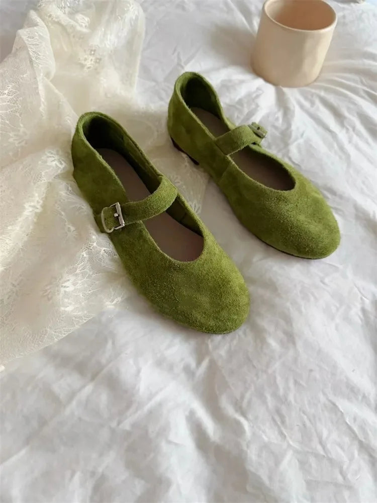 Leather Mary Janes Flats Shoes Cow Suede Buckle Strap Ballet Flats Shoes Shallow Soft Casual Loafers