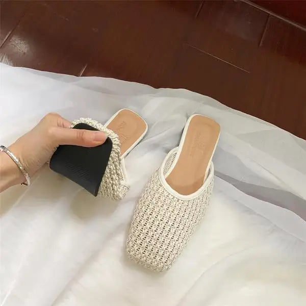 Shoes Slippers Soft Slides Slipers Cover Toe Low Loafers Fretwork Heels Comfort Flat Basic Fabric Rubber Cane PU