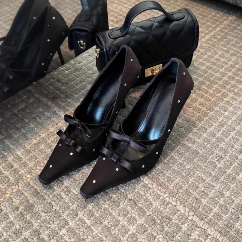Thin Heel Shallow Mouth Single Shoes Banquet Bow Pointed Water Diamond Silk High Heels