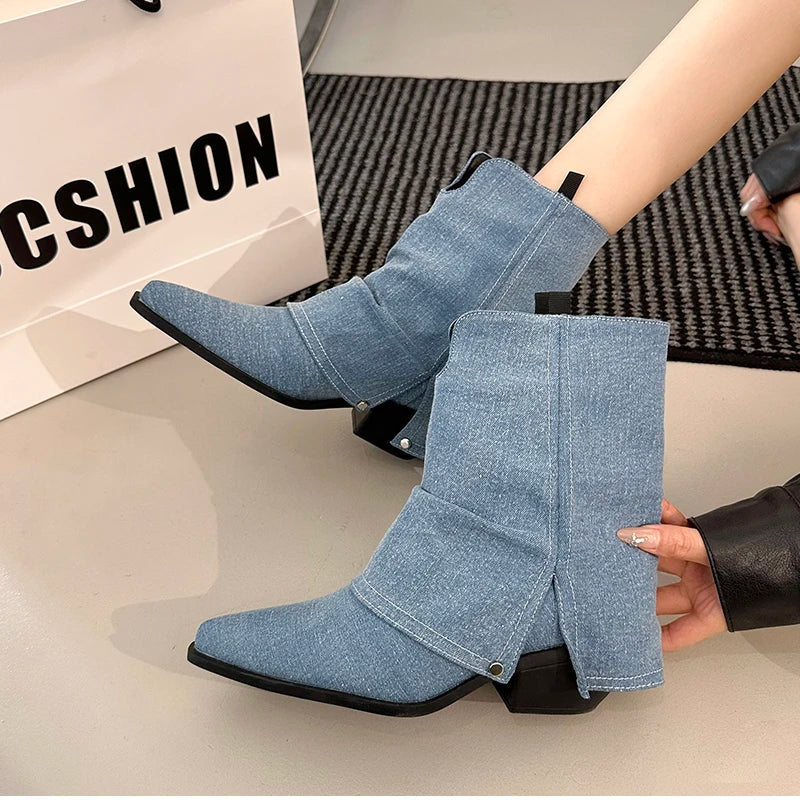 Western Cowboy Boots Vintage Pointed Toe Shoes Thick Heel Short Botas Zapatos De Mujer