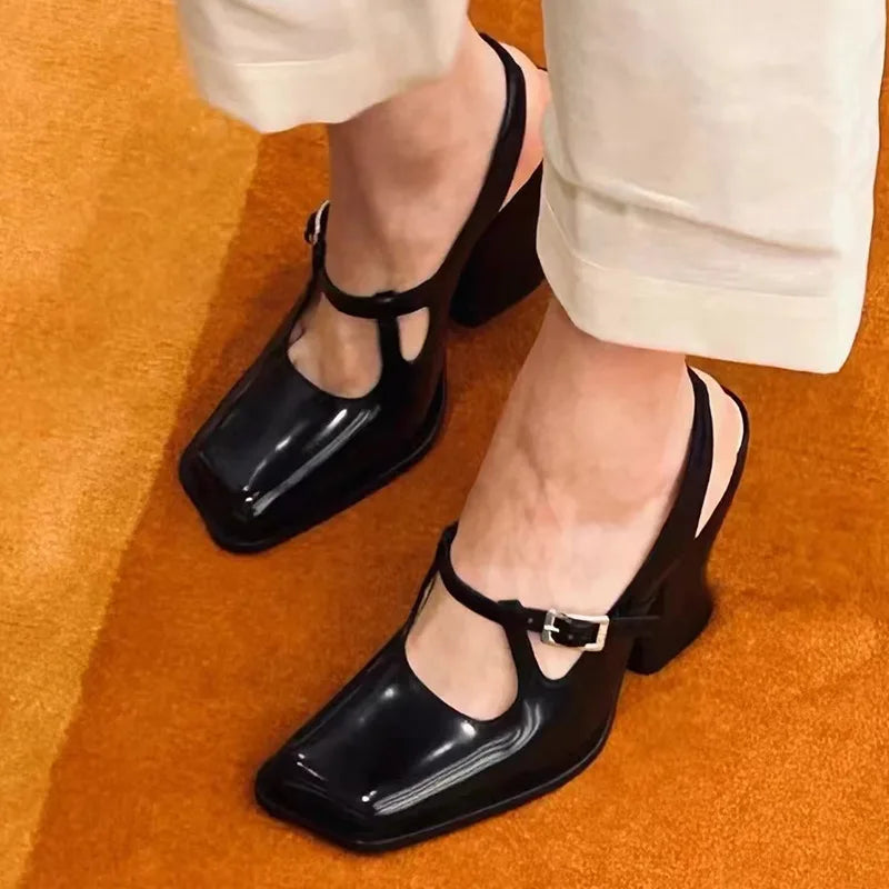 Black Patent Leather Mary Janes Slingbacks Wave Toe Chunky High Heels Office Lady Daily Shoes