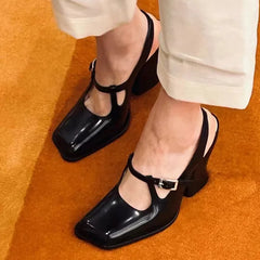 Black Patent Leather Mary Janes Slingbacks Wave Toe Chunky High Heels Office Lady Daily Shoes