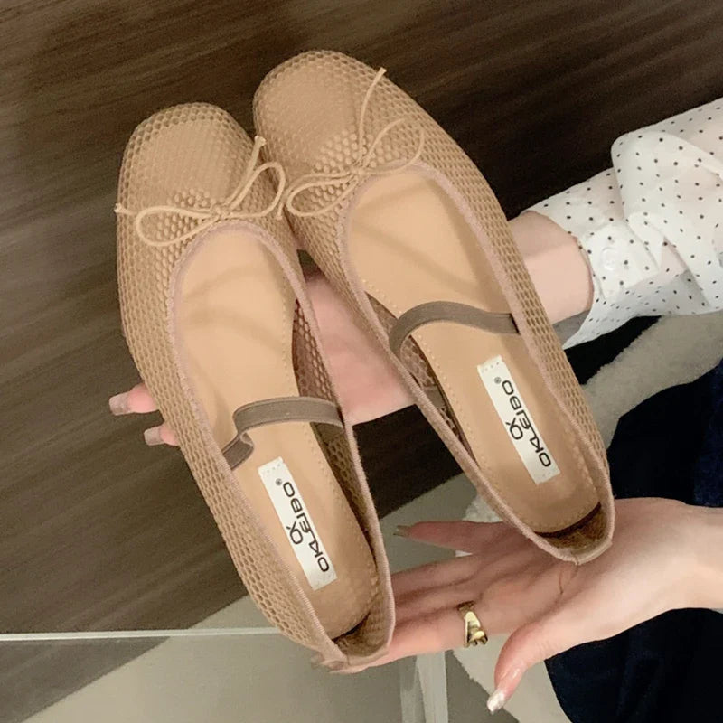 Simple Mesh Breathable Soft Bottom Mary Jane Shoes Design Bowknot Shallow Mouth Flat Shoes Party Ballet Dance Shoe