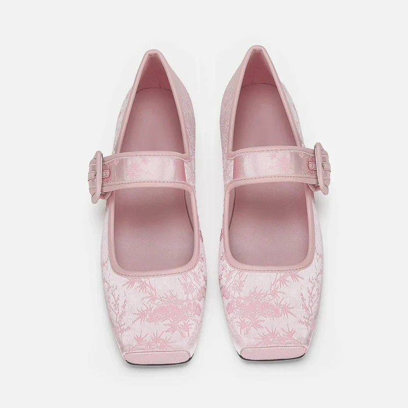 Silk Embroidery Ballerinas Woman Pig Toe Flats Shoes Belt Buckle Silky Mary Janes Wedding Brides Ballets Loafers