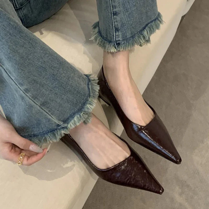 pointed toe flat shoes glitter leather patchwork OL working shoes shallow mouth cozy flats loafers