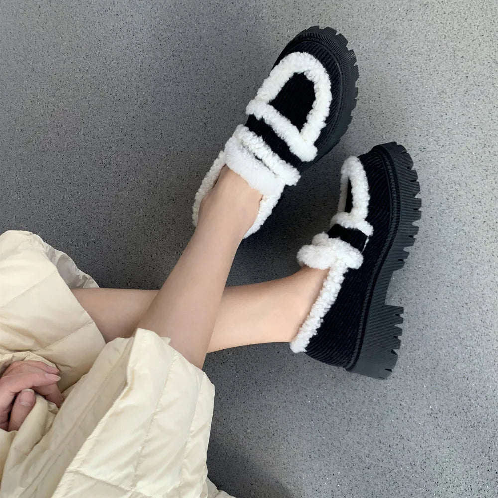 Thick Heels Round Toe Warm Shoes Woman Loafers Casual Office Lady Working Arrival