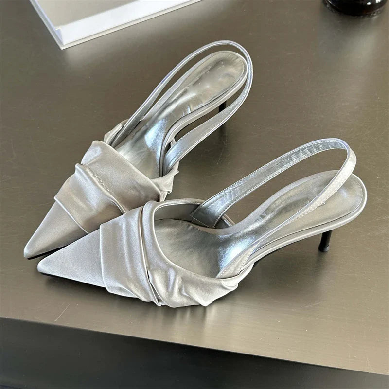 High Quality Satin Pleat Pointed Toe Pumps Slingbacks Thin Heels Shoes Banquet Party Sandals