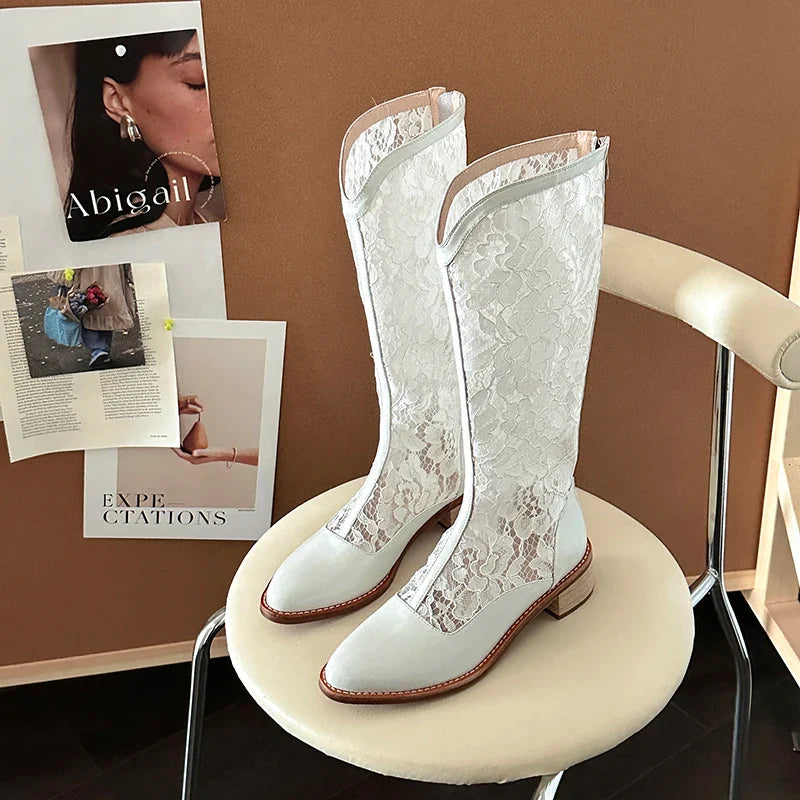 Lace Hollow Out Knee High Boots Skinny Thick Heels Shoess Breathable Long Booties