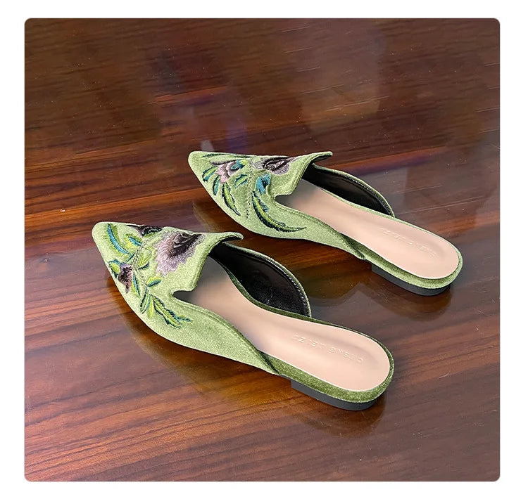 Embroidery Velour Shoes Woman Strange Heel Slippers Design Mules Femme Pointed Toe Wedges Tacones Slides Slip On Pantuflas Mujer