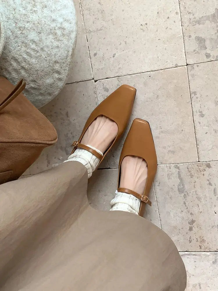 Genuine Leather Mary Jane Shoes Sandals Buckle with Square Toe Soft Bottom Shoes