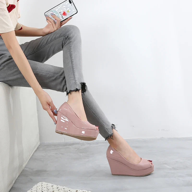 31-43 Wedge Open Toe Shoes High Heel Platform Shoes Patent Leather