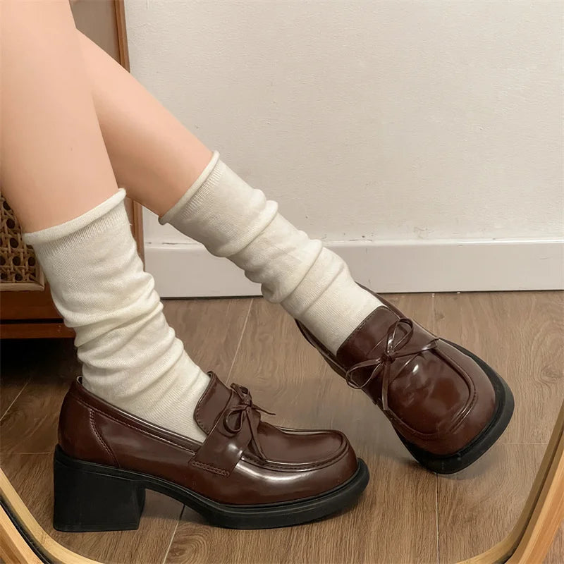 College Style Platform Loafers Shoes Shallow Slip On Shoes Elegant Thick Heel Leather Shoes