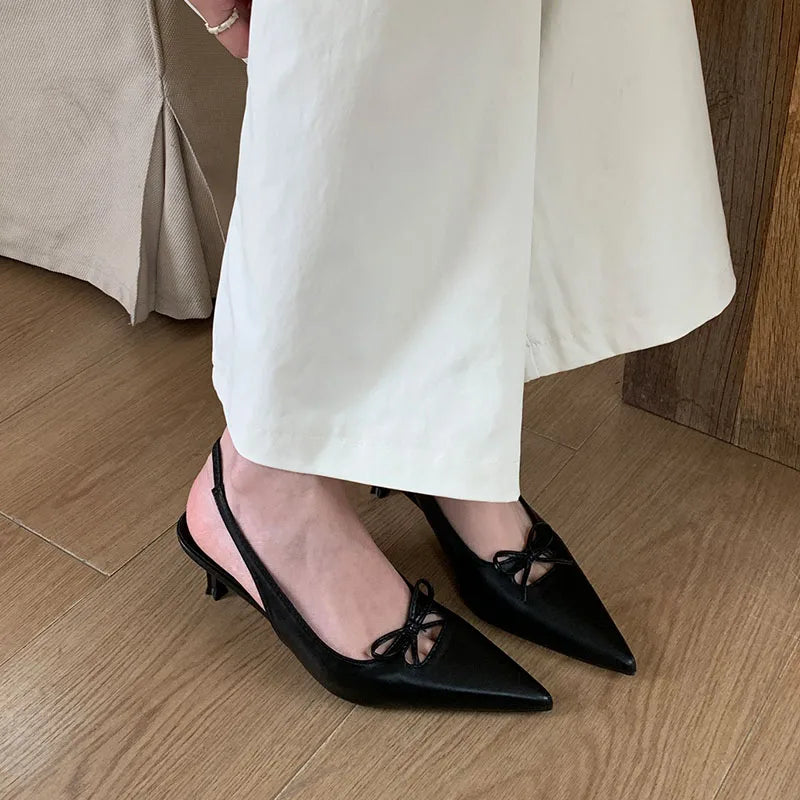 Butterfly-Knot Medium Heels Pumps Shoes Slip Pointed Toe Thin Heels Sandals Shoes