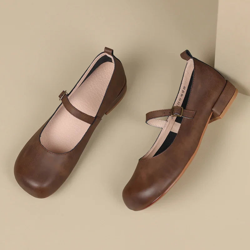 Vintage Round Toe Low Heels Genuine Leather Casual Office Working Shoes Woman Retro Style