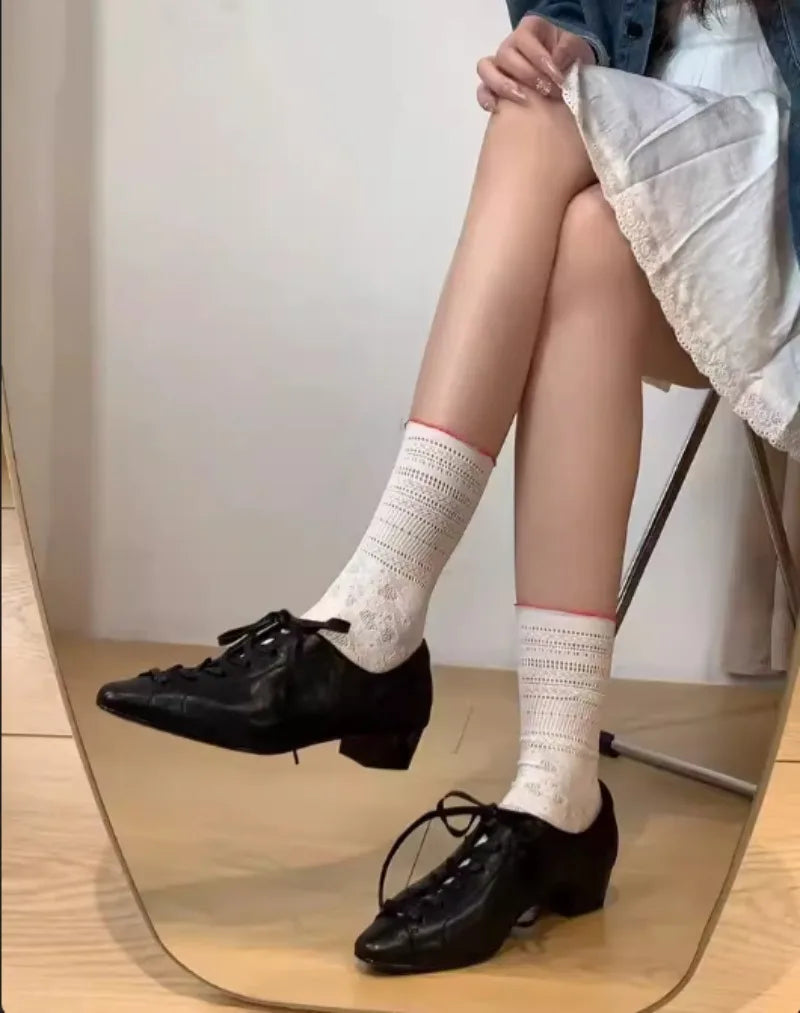 Black British Style Leather Shoes Retro Lace Up Mid Heel Pumps Comfortable Elegant Commuter Office Shoes Zapatos De Mujer
