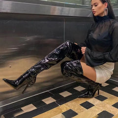 Pointed Toe Side Zipper Elastic Stiletto Over The Knee Boots Punk Solid Patent Leather Sewing Shoes